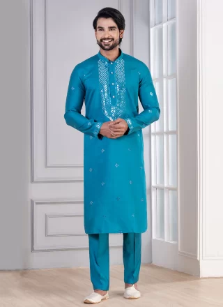 Cotton Kurta Pyjama In Teal Color