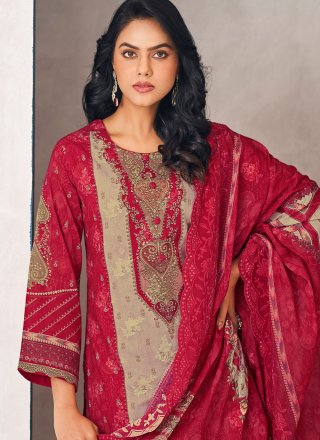 Cotton Lawn Pant Style Suit In Rani and Red Colour