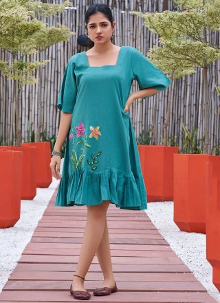 Cotton Party Wear Kurti In Blue Color