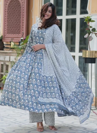 Cotton Readymade Salwar Suit In Blue and Grey