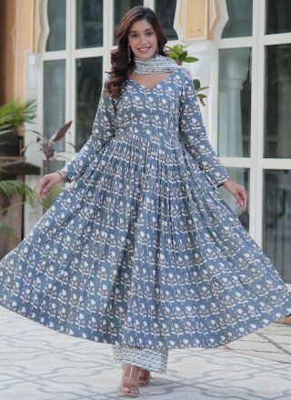 Cotton Readymade Salwar Suit In Blue and Grey