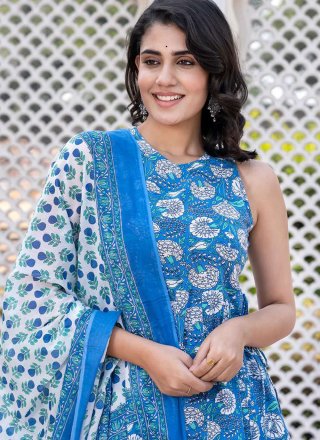 Cotton Salwar Suit In Blue Color