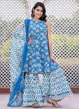 Cotton Salwar Suit In Blue Color