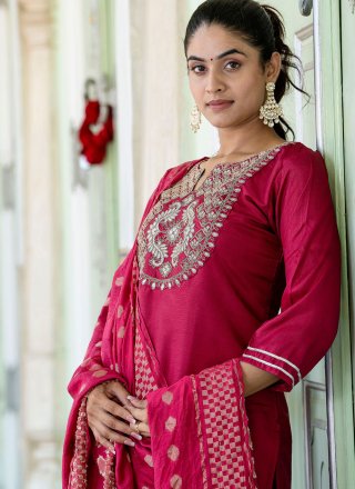 Cotton Salwar Suit In Rani Color