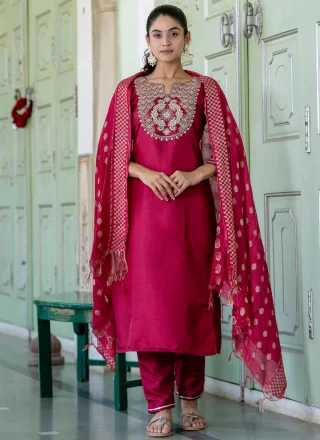 Cotton Salwar Suit In Rani Color