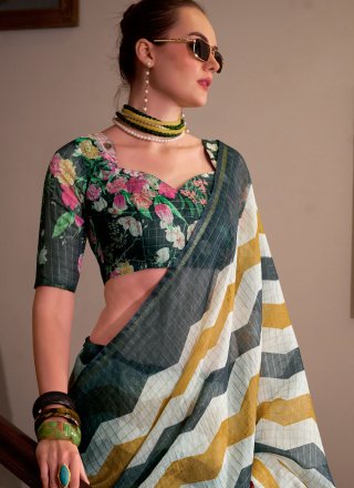 Cotton Silk Classic Sari with Strips Print Work