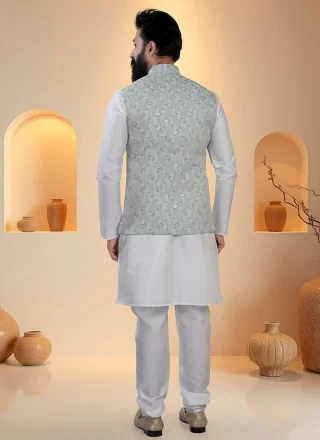 Cotton Silk Kurta Payjama with Jacket In Aqua Blue and White