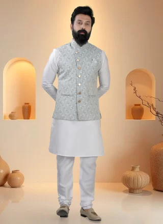 Cotton Silk Kurta Payjama with Jacket In Aqua Blue and White