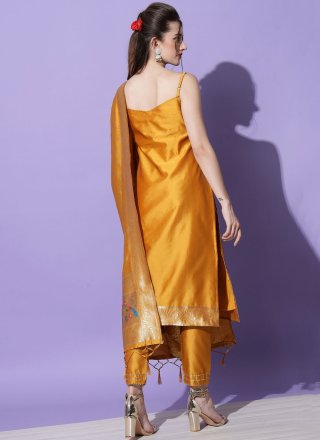 Cotton Silk Salwar Suit In Yellow Color