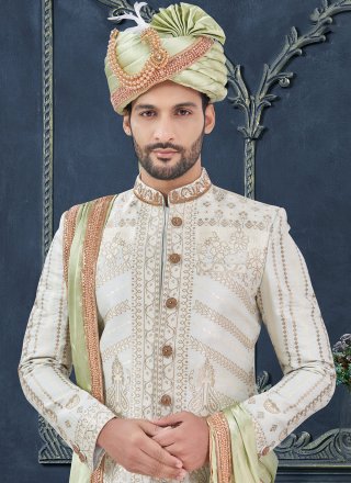 Cotton Silk Sherwani Mens Wear In Off White Colour