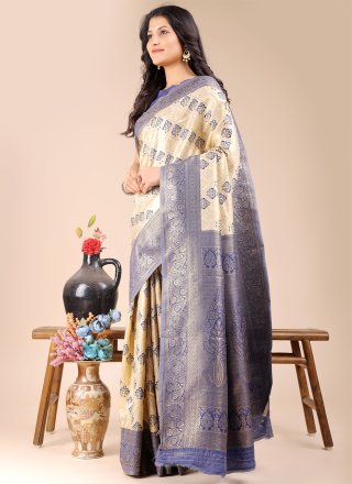 Cream and Blue Banarasi Silk Contemporary Sari