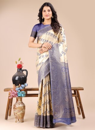 Cream and Blue Banarasi Silk Contemporary Sari