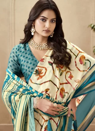 Cream and Firozi Silk Print Work Trendy Saree