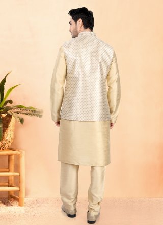 Cream and Gold Art Silk Lace Work Kurta Payjama with Jacket