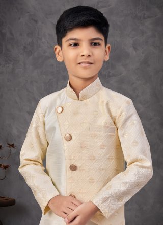 Cream and Gold Banarasi Jacquard Machine Embroidery and Zari Work Indo Western for Festival
