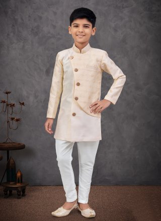 Cream and Gold Banarasi Jacquard Machine Embroidery and Zari Work Indo Western for Festival