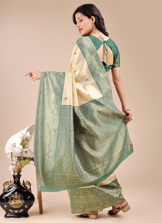 Cream and Green Banarasi Silk Classic Saree with Patch Border and Woven Work
