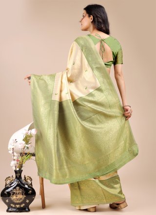 Cream and Green Banarasi Silk Contemporary Saree with Patch Border and Woven Work