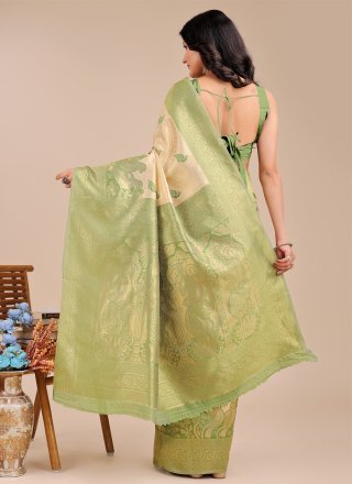 Cream and Green Banarasi Silk Weaving Work Contemporary Saree