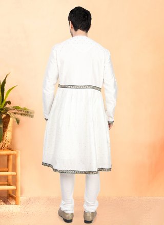 Cream and Green Cotton Silk Fancy Work Kurta Pyjama