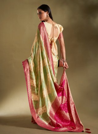 Cream and Green Silk Classic Saree