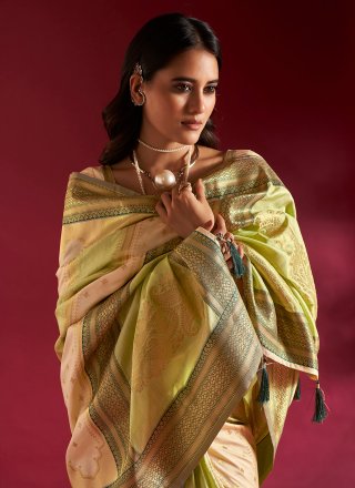 Cream and Green Silk Classic Saree with Patch Border, Plain and Weaving Work
