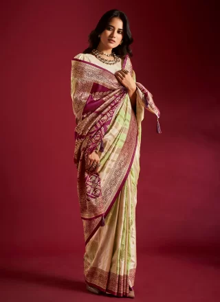 Cream and Green Silk Trendy Saree