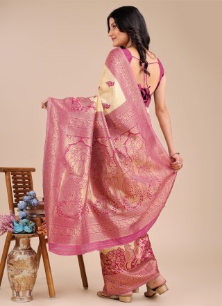 Cream and Magenta Banarasi Silk Classic Sari