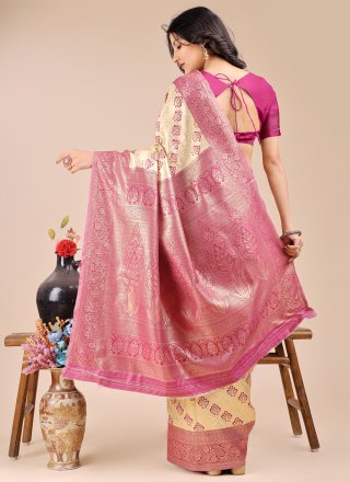 Cream and Magenta Banarasi Silk Weaving Work Trendy Saree