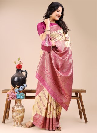 Cream and Magenta Banarasi Silk Weaving Work Trendy Saree Cream and Magenta Banarasi Silk Weaving Work Trendy Saree