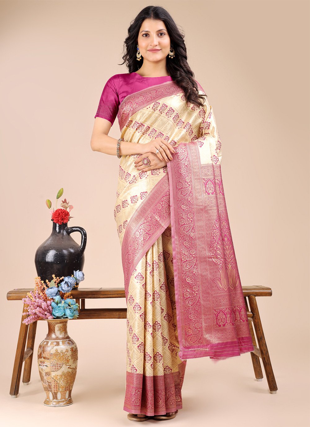 Cream and Magenta Banarasi Silk Weaving Work Trendy Saree Cream and Magenta Banarasi Silk Weaving Work Trendy Saree