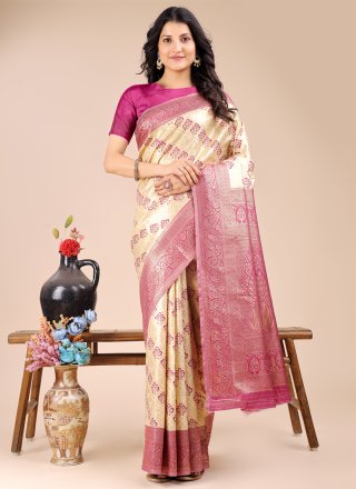 Cream and Magenta Banarasi Silk Weaving Work Trendy Saree