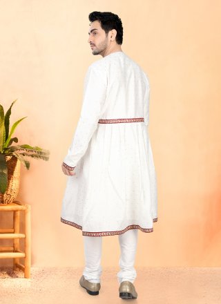 Cream and Maroon Cotton Silk Fancy Work Kurta Pyjama for Ceremonial