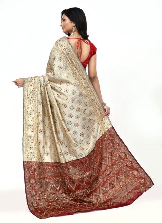 Cream and Maroon Kanjivaram Silk Hand Work Classic Sari for Ceremonial