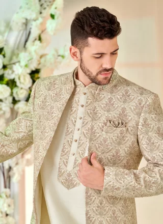 Cream and Multi Colour Silk Indo Western with Hand Work