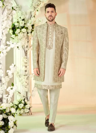 Cream and Multi Colour Silk Indo Western with Hand Work