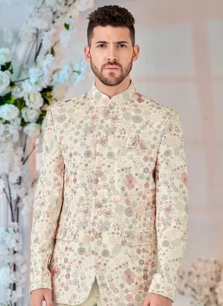 Cream and Multi Colour Silk Jodhpuri Jacket with Embroidered Work