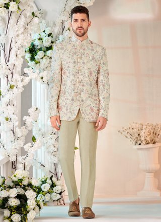 Cream and Multi Colour Silk Jodhpuri Jacket with Embroidered Work
