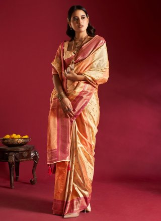 Cream and Orange Silk Classic Saree with Patch Border, Plain and Weaving Work for Ceremonial
