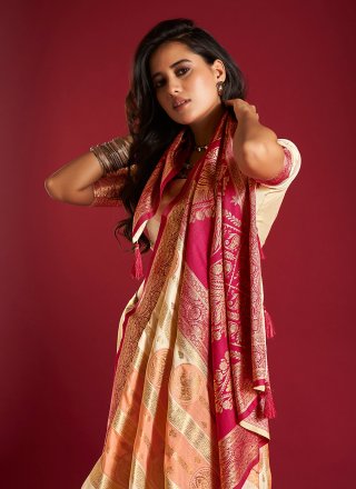 Cream and Orange Silk Patch Border, Plain and Weaving Work Contemporary Saree
