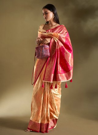 Cream and Orange Silk Patch Border, Plain and Weaving Work Trendy Saree