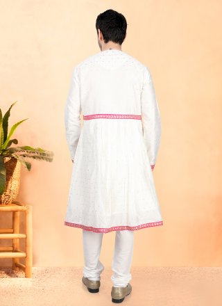 Cream and Pink Cotton Silk Fancy Work Kurta Pyjama
