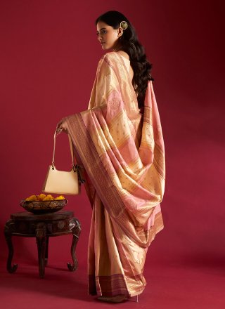 Cream and Pink Patch Border, Plain and Weaving Work Silk Trendy Saree