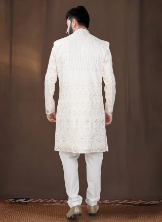 Cream and Pink Silk Embroidered, Sequins and Thread Work Indo Western