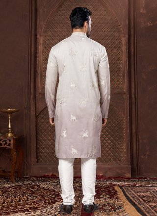 Cream and Pink Silk Kurta Pyjama with Embroidered, Thread and Zari Work 