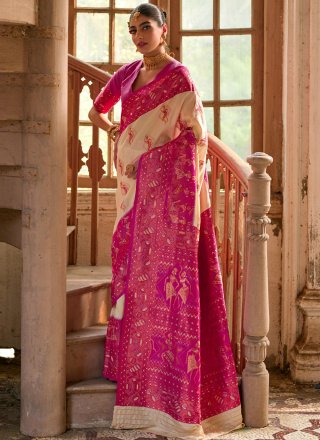 Cream and Rani Banarasi Silk Woven and Zari Work Traditional Saree for Ceremonial