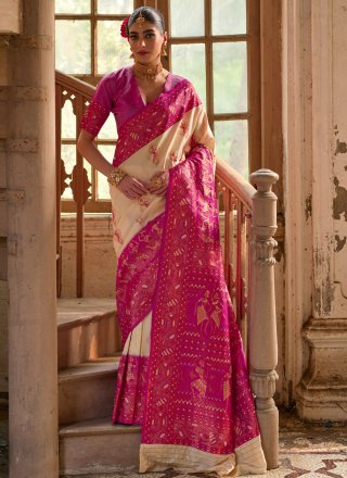 Cream and Rani Banarasi Silk Woven and Zari Work Traditional Saree for Ceremonial