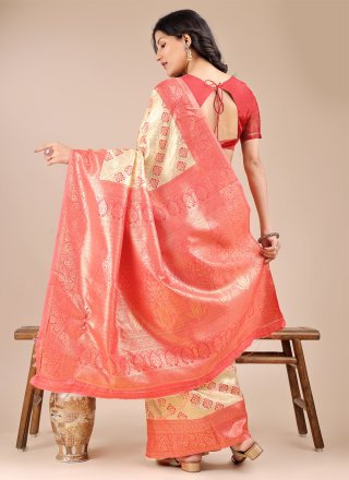 Cream and Red Banarasi Silk Classic Sari