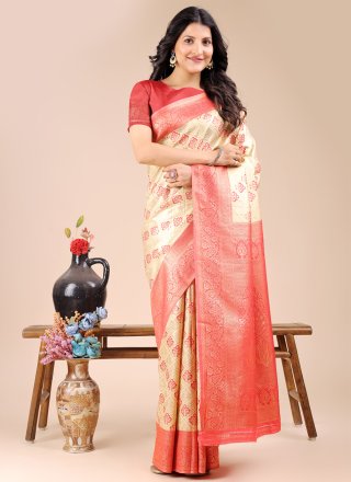 Cream and Red Banarasi Silk Classic Sari