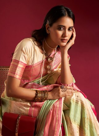 Cream and Sea Green Silk Contemporary Sari